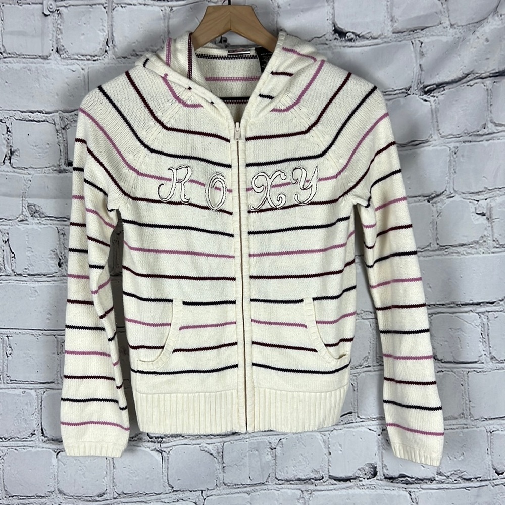 NWOT ROXY Stripe Hoodie Zip Down Sweater Jacket Sz L Youth Girls